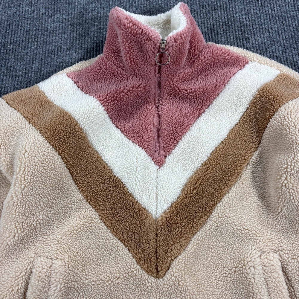 Forever 21 Sherpa Pullover Women Small Multicolor Chevron Colorblock Quarter Zip